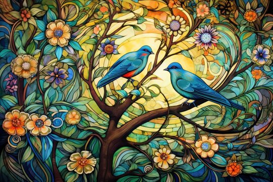  a painting of two blue birds perched on a tree branch in front of a full moon with flowers and leaves.