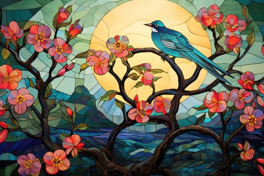  a painting of a blue bird sitting on a branch of a tree in front of a full moon and flowers.