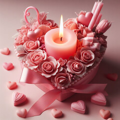 burning pink wax candle in the shape of a heart on a pink background