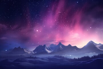  a painting of a night sky with a mountain range in the foreground and stars in the sky in the background.