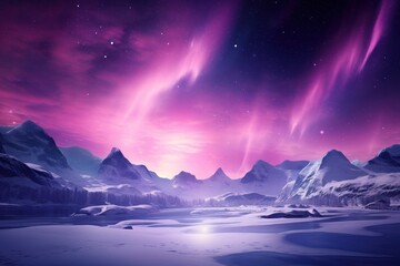  a purple and pink sky with mountains and a body of water in the foreground and stars and clouds in the background.