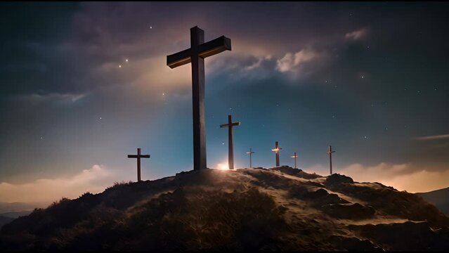 Group of crosses illuminated on hill at night. This image can be used to symbolize religious beliefs or as representation of cemetery or memorial site