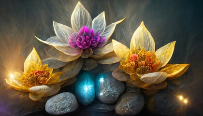 Fototapeta na wymiar illustration of abstract lifelike buddha flowers magic lighting beautiful metallic and stone colors detailed natural lighting natural environment digitally image