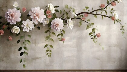 decorative flowers that hang from branches on a textured wall photo wallpaper in the interior