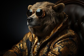  a close up of a bear wearing sunglasses and sitting in a chair with its head turned to the side and wearing a gold and black jacket. - obrazy, fototapety, plakaty