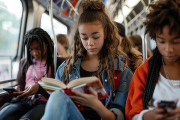 red-haired girl concentrating on reading a book on the bus while the others look at their cell phones. - obrazy, fototapety, plakaty
