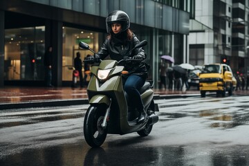 Chica joven en motocicleta por la ciudad lloviendo - obrazy, fototapety, plakaty