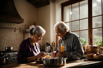 A touching stock photo of an old couple cooking breakfast together in their traditional kitchen