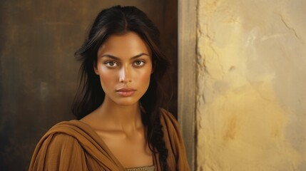 Fototapeta premium Photorealistic Adult Latino Woman with Brown Straight Hair retro Illustration. Portrait of a person in ancient aesthetics. Historic movie style Ai Generated Horizontal Illustration.