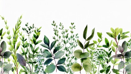 set watercolor arrangements with garden herbs seamless border collection leaves branches botanic illustration isolated on white background - obrazy, fototapety, plakaty