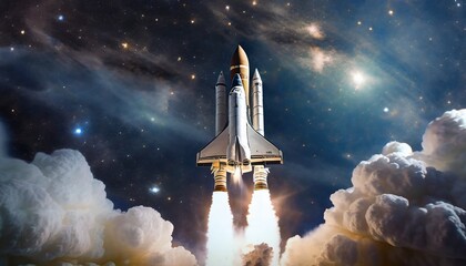launch of space shuttle atlantis spaceship takes off into the night sky on a mission rocket starts into space concept elements of this image furnished by nasa - obrazy, fototapety, plakaty