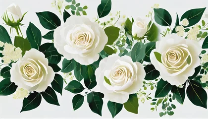 Fotobehang set of floral branch flower white rose green leaves wedding concept floral poster invite vector arrangements for greeting card or invitation design background © William