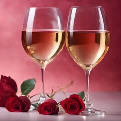 Two elegant wine glasses and rose heart background valentine's day holiday background