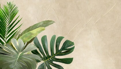 tropical leaves on a light beige background with textural backgrounds photo wallpaper in the interior