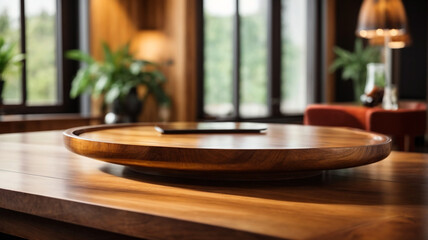 Empty wooden table with countertop in the living room of a luxury house, table with chairs with beautiful morning sunlight in the background. 3D render for product display mockup
