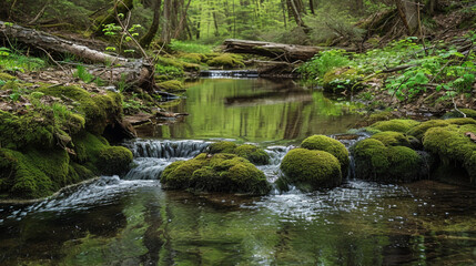 Naklejka na ściany i meble A tranquil stream winding through a moss-covered forest, where moss-covered rocks and logs create a picturesque and serene landscape. The reflections in the water enhance the visua