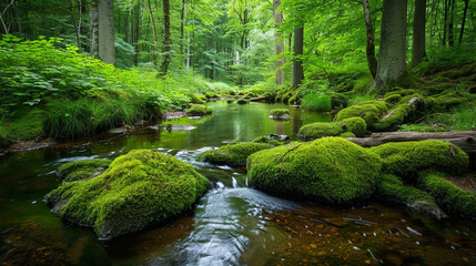 Obraz premium A tranquil stream winding through a moss-covered forest, where moss-covered rocks and logs create a picturesque and serene landscape. The reflections in the water enhance the visua