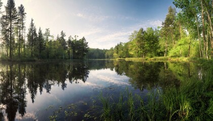 serene morning at forest pond