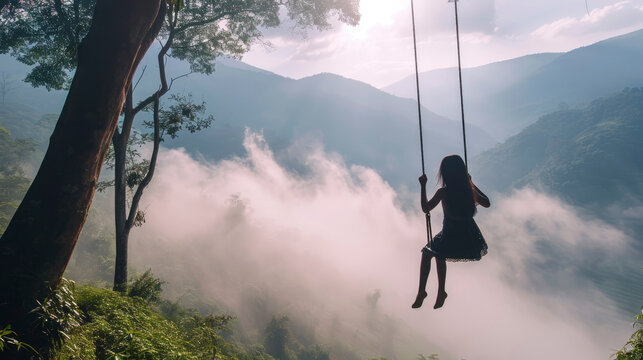 Dreamy atmospheric image of a woman swinging on a swing in the fog with a view of the mountains during the daytime
