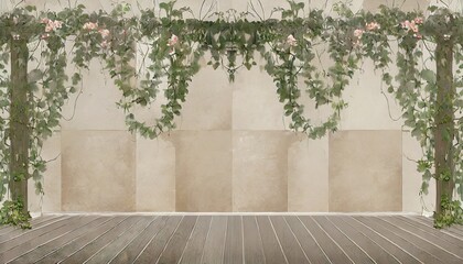 terrace with lianas and flowers on a textured background art drawing in beige and gray tones photo wallpaper