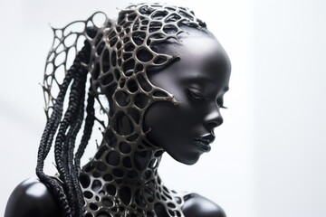 a black mannequin with a pattern on it's head and braids on it's hair.