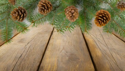 a close up view of a rustic and worn wooden table with pine cones and fir branches on ittemplate for winter holidays cards