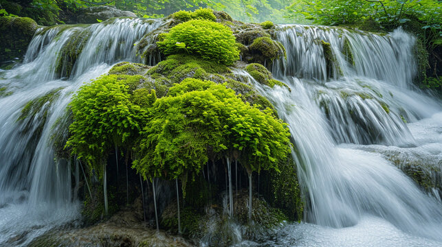 A moss-covered rock formation on the edge of a cascading waterfall, where the lush greenery contrasts with the dynamic rush of water. The image captures the harmony and juxtapositi