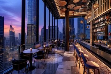 Elegant rooftop bar at dusk, overlooking a bustling city with other skyscrapers - obrazy, fototapety, plakaty