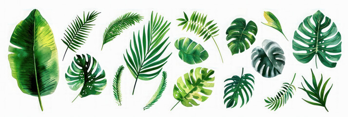 Naklejka premium Tropical pattern with green palm leaves in watercolor style.