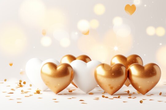  a group of gold and white hearts sitting next to each other on a white surface with gold confetti around them.