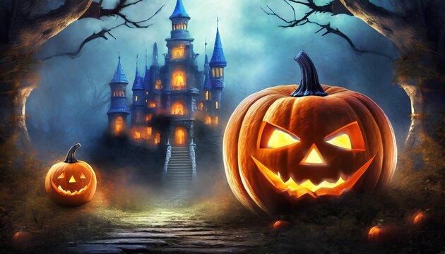 a dark castle in a dark forest with a halloween pumpkin as a lantern 