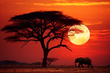 Fototapeta na wymiar Stunning african savannah sunset. captivating wildlife in a tapestry of golden skies