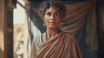 Photorealistic Old Black Woman with Brown Curly Hair retro Illustration. Portrait of a person in ancient aesthetics. Historic movie style Ai Generated Horizontal Illustration.