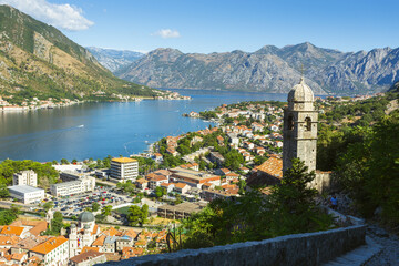 Top view of the Bay of Kotor and the old town. Europe. Montenegro