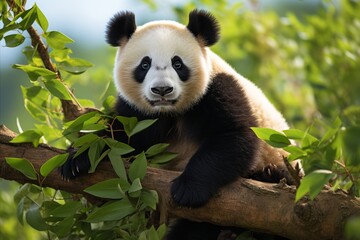 Fototapeta premium illustrate a panda resting on a eucalyptus branch in a lush bamboo forest setting.
