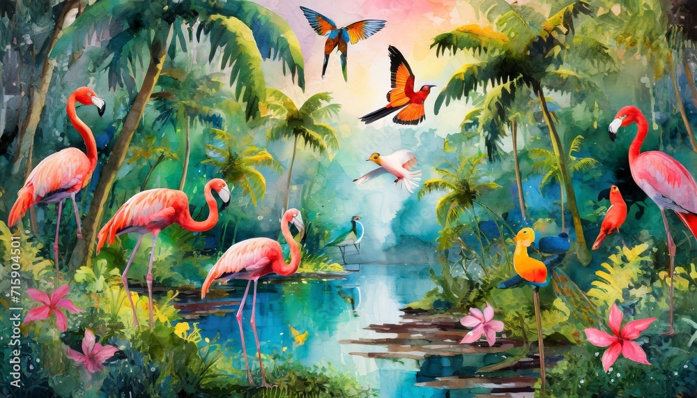 Wall mural illustrated flamingos by the river 