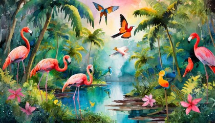 illustrated flamingos by the river 