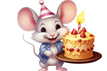  a cartoon mouse holding a birthday cake with a lit candle on top of it, ready to blow out the candles.