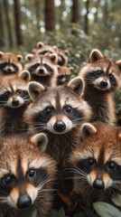 Obraz premium A group of raccoons standing in a forest