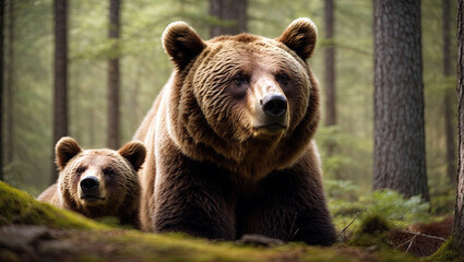 brown bear with her cub in the forest