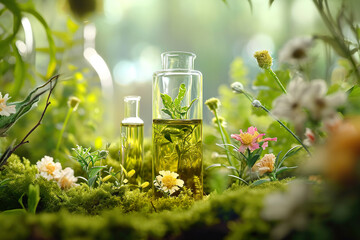 Alternative medicine.Endobiogenics, new look at medicine,bottle of essential oil with herbs on green background.Close up