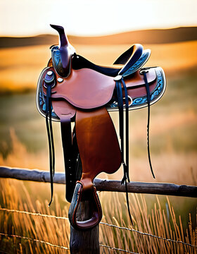 A western saddle on a fence post, bathed in the golden light of sunset. AI Generativ