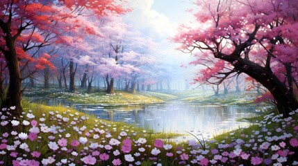 "Serene Meadow Adorned with Blossoming Petals, Nature's Symphony Unfolds."