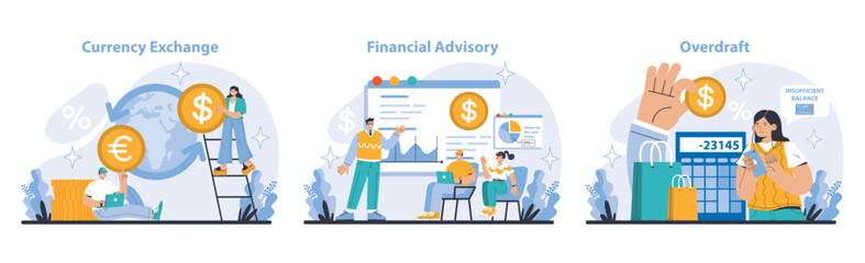 Expanded and specialized banking services set. Seamless currency exchange, expert advisory, and overdraft solutions. Navigating financial challenges with ease. Flat vector illustration.