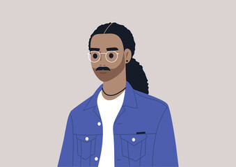 A young middle eastern male character with long hair and eyeglasses