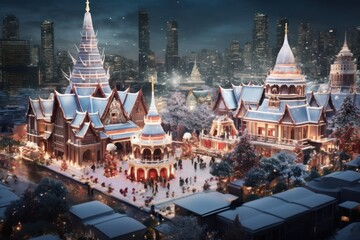  an aerial view of a city at night with a lit up christmas tree in the foreground and a lit up christmas tree in the background.