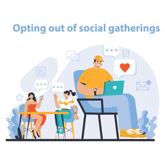 Internet addiction concept. A visual narrative on choosing digital interaction over real-life social events, highlighting the quiet encroachment of internet addiction. Flat vector illustration.