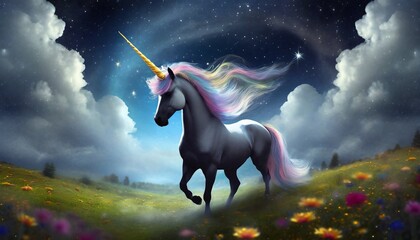 illustrated unicorn in a meadow with a dramatic sky 