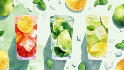 illustration refreshing mocktails , variety of colorful, attractive soft drinks . The trend of a break from drinking alcohol