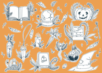 Doodle style hand drawn illustrations with magic elements. Cute stikers set